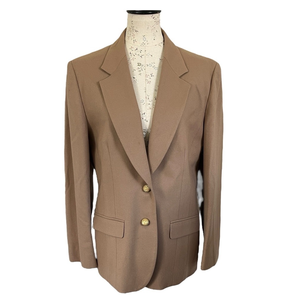 Pendleton Virgin Wool MadeinUSA Single Breasted Tan Blazer 14 Petite Gold Button